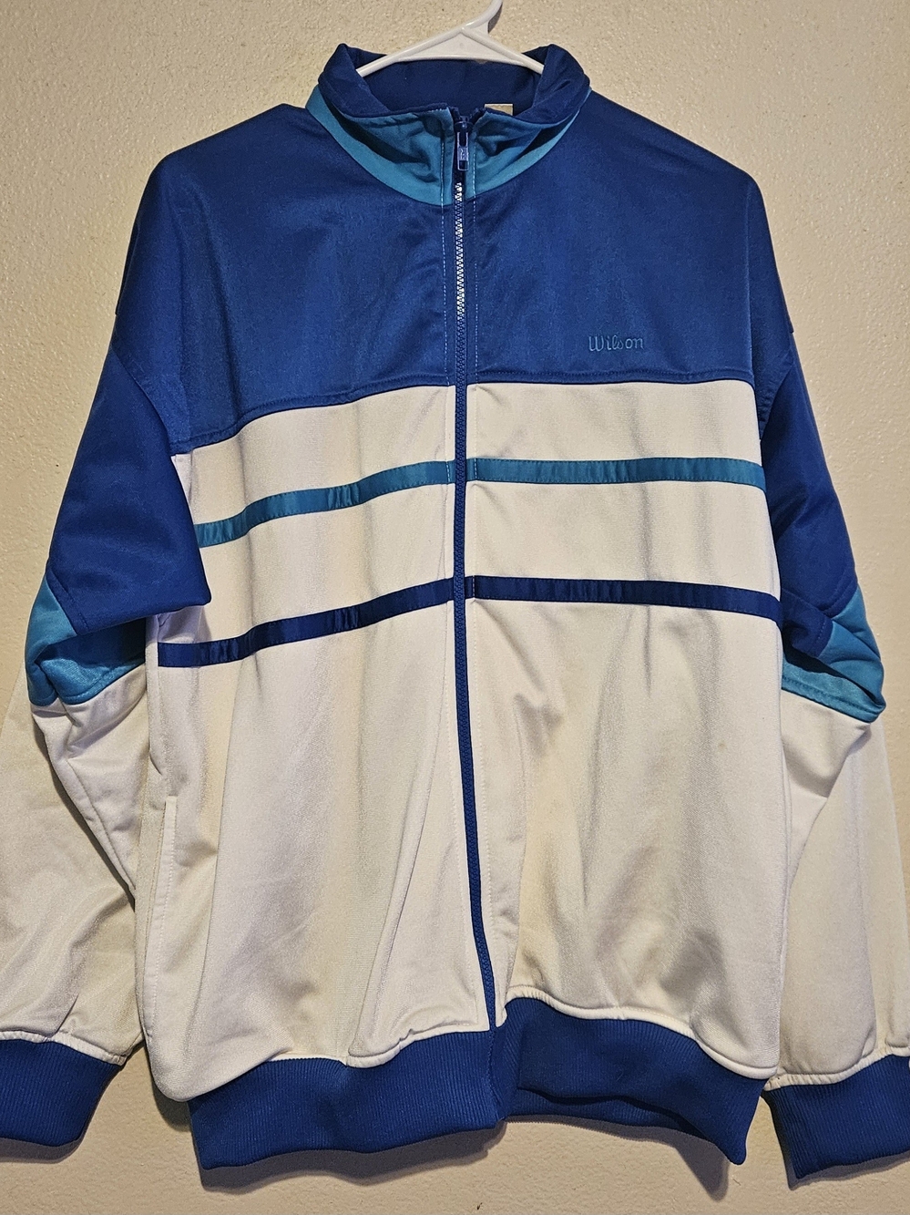 **Vintage** Wilson Men's Blue & White Track Jacket - LARGE